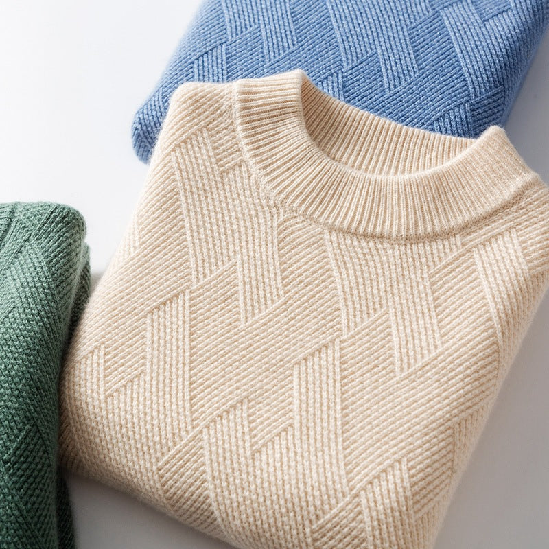 Men's round neck loose fitting pullover jacquard casual knitted base wool sweater