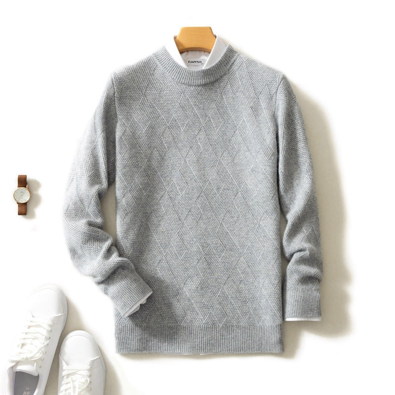 Men's round neck loose fitting pullover jacquard casual knitted base wool sweater