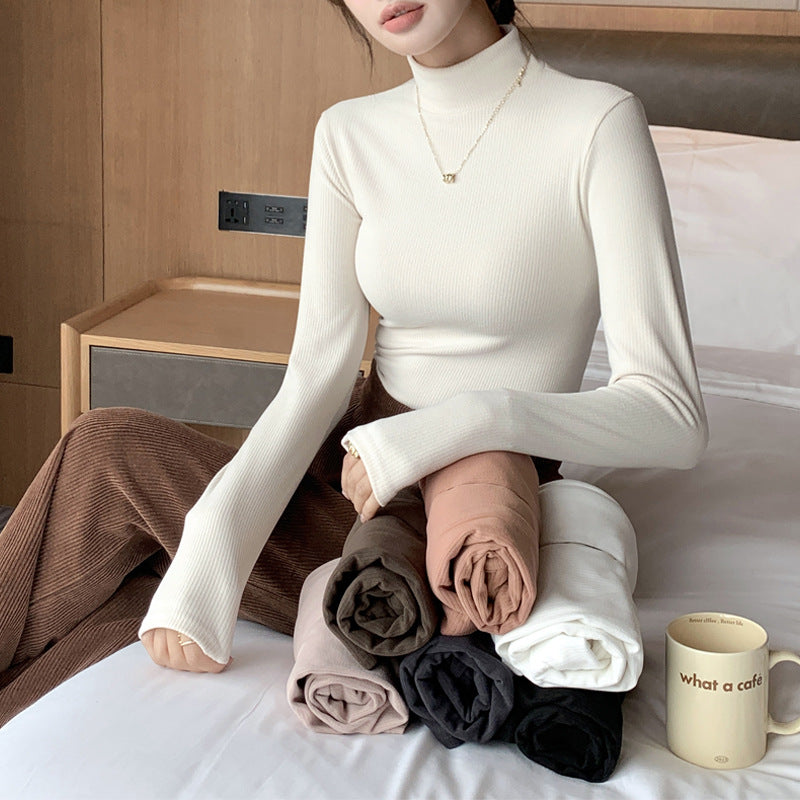 Striped solid color semi high neck women's top