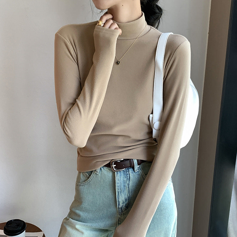 Half high collar and plush thick warm long sleeved top