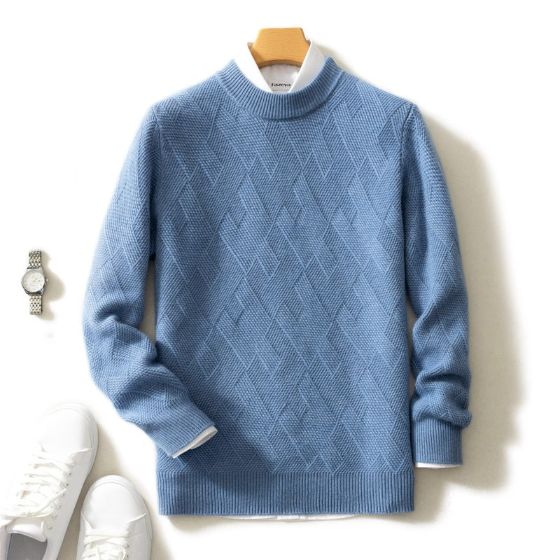 Men's round neck loose fitting pullover jacquard casual knitted base wool sweater