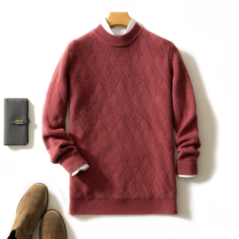 Men's round neck loose fitting pullover jacquard casual knitted base wool sweater
