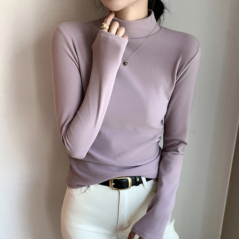 Half high collar and plush thick warm long sleeved top